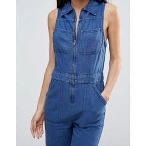 Free People The Wind & More  Sleeveless Denim Retro Jumpsuit Wide Leg Size 10